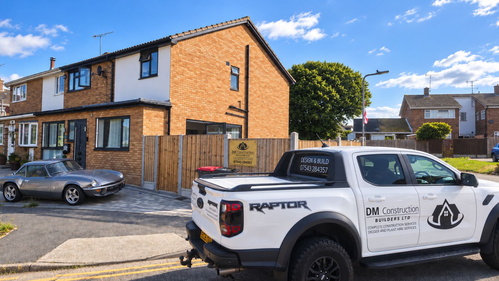 Completed two-storey extension with the DM Construction Builders van parked outside, Southend-on-Sea